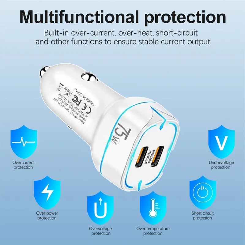 2Port PD 65W car charger PD45W+PD30W car phone charger for HUAWEI iPhone Samsung Xiaomi fast charging cigarette lighter adapter