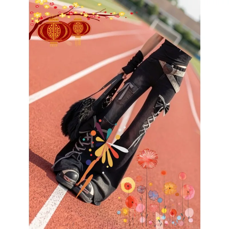 

2026 New Original 3d Bow Design Y2k Hot Girl Slim Fit Denim Pants Fashion Versatile Sweet Girls Lace-up High Waist Flare Jeans