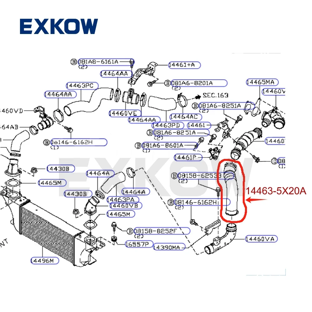 V9X Turbocharger Intercooler Air Inlet Hose for Nissan Navara Pickup II D40 4X4 2004-2021 Pathfinder R51 14463-5X20A 14463-5X20C