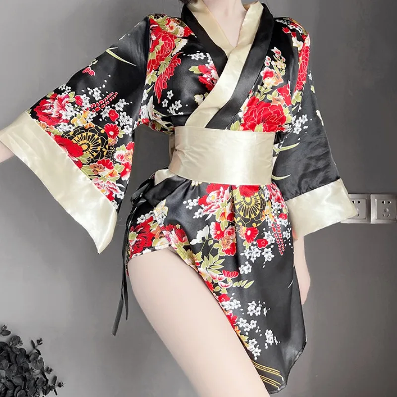

Japanese Sexy Print Kimono Slim Fit V-Neck Nightgown Loose Petal Sleeves Women's Erotic Lingerie Mini Irregular Patchwork Dress