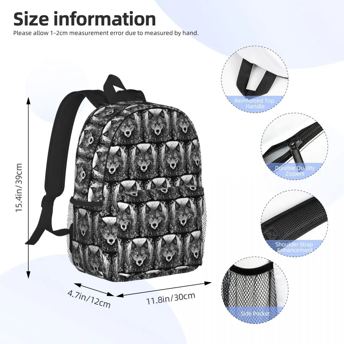 Black White Wolf Surrounded By Flowers Backpack Daypack Large Capacity Boys Girls BookBag Shoulder Bags for Unisex School Bag