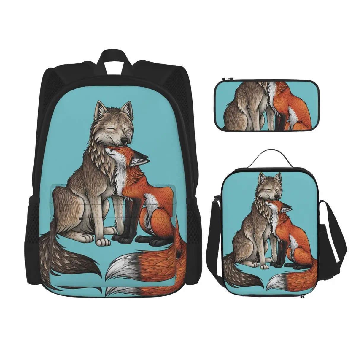 

Wolf And Fox Backpacks Boys Girls Bookbag Children School Bags Cartoon Kids Rucksack Lunch Bag Pen Bag Three-Piece Set