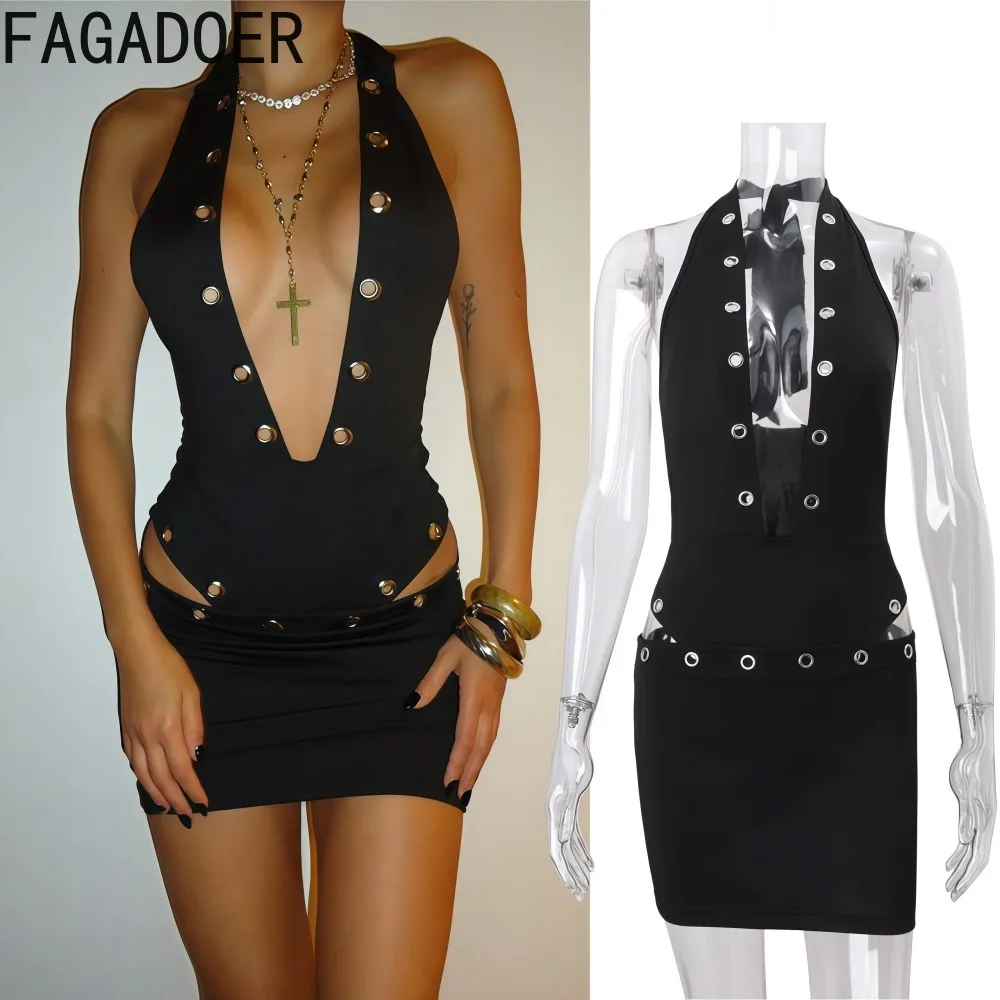 

FAGADOER Sexy Hollow Out 2 Pieces Set for Woman Black Halter Deep V-neck Backless Crop Top and Skirts Matching Female Streetwear