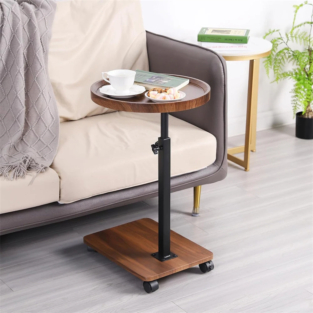 Mobile Side Table For Small Space, Adjustable Height Round Rolling End Table, Portable Standing Writing Desk With Wheels For Hom