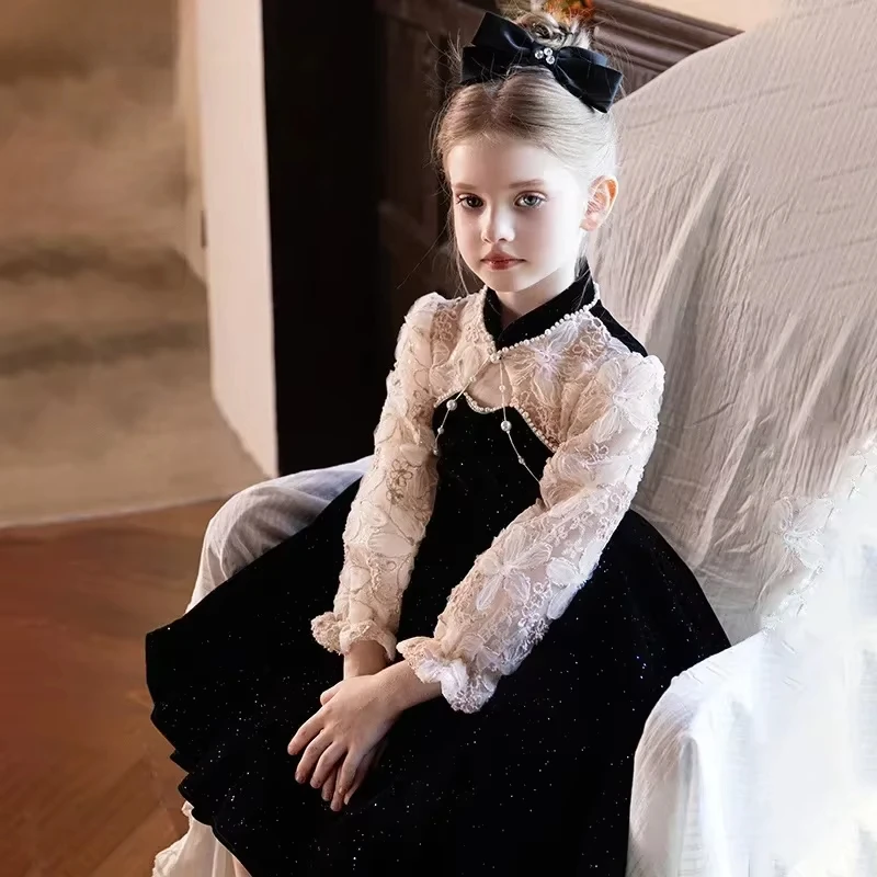 

2025 Girls Dress Spring French Black Princess Dress Outer WearVestidos Dresses Kids Children Clothing Sweet PrincessCostume
