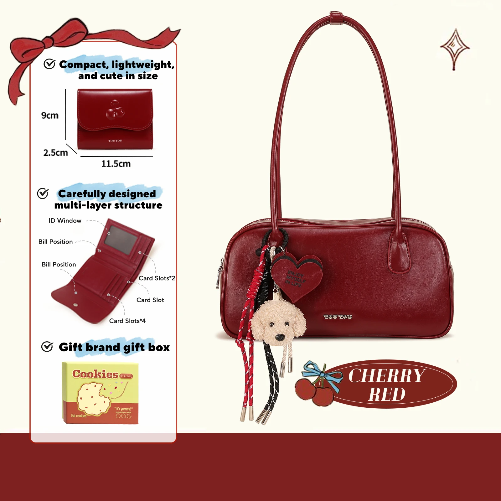 

TOUTOU Red Bowling Bag Women Dog Rope for 8.3 Inch Tablet Durable Boston Handbag Original Designer Shoulder Teacher Day Gift