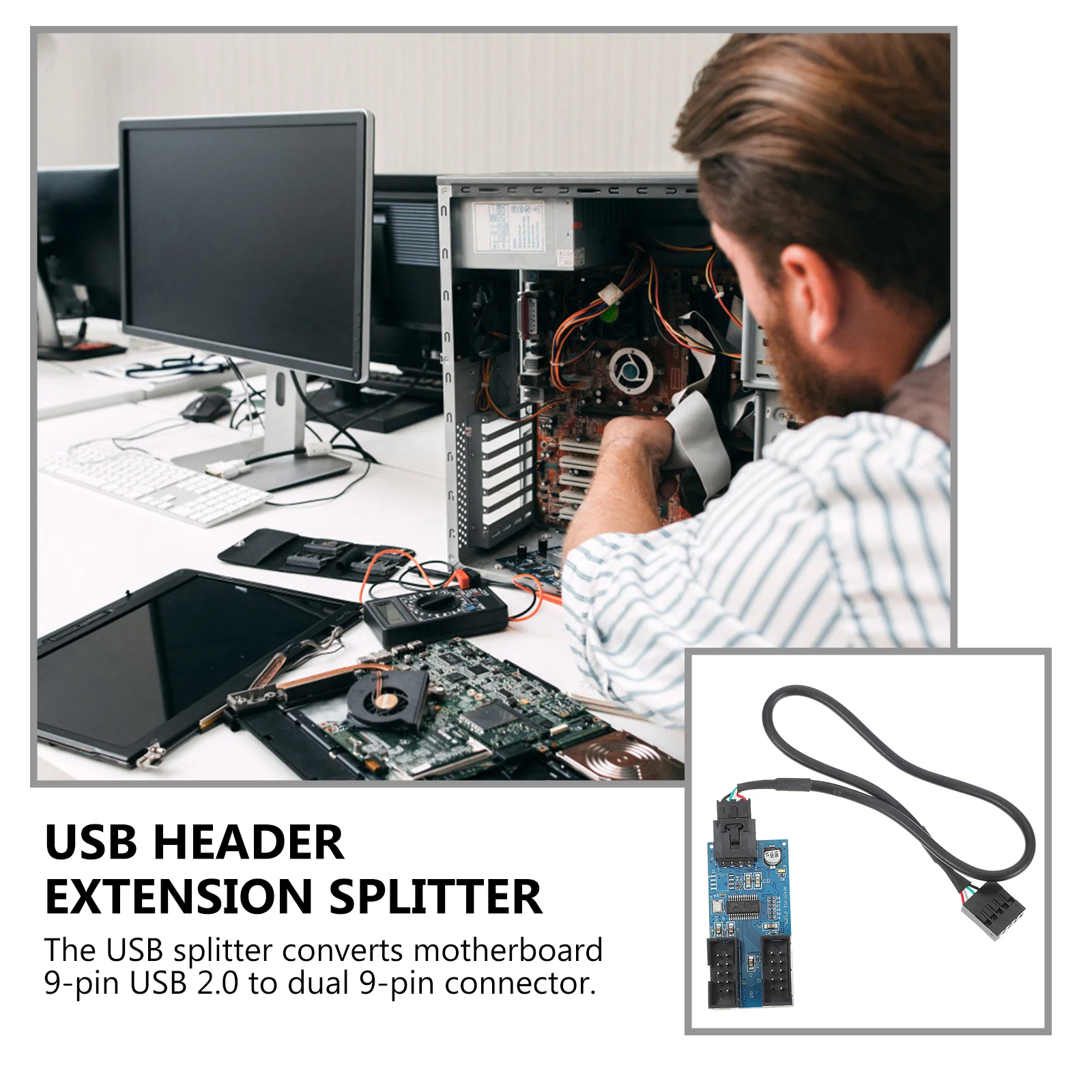 USB2.0-Verlängerungssplitter, 9-poliger Port-Multiplikator-Adapterkabel für Motherboard, PCB-Konverter, Riser, abgeschirmt, einfache Installation