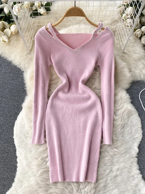 시크 니트 랩 드레스 오프숄더 롱 슬리브 하이웨이스트 A라인 스커트 한국 스타일 출퇴근 순수한 매력 가을 여성 드레스