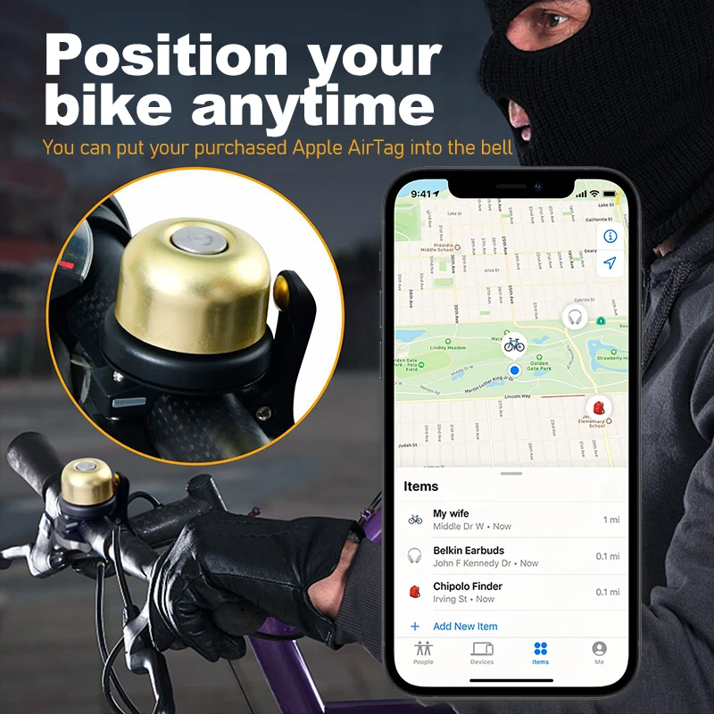 Classic Brass Bike Bell For Apple AirTag Case Waterproof Bike Mount Bicycle Bell For Air Tag GPS Tracker Under Bike Bell Holder