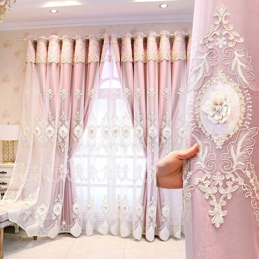

European 2 Layer Curtain Embossed Embroidered Tulle + Blackout Drape for Living Room Bedroom Luxury Floral Window Treatment