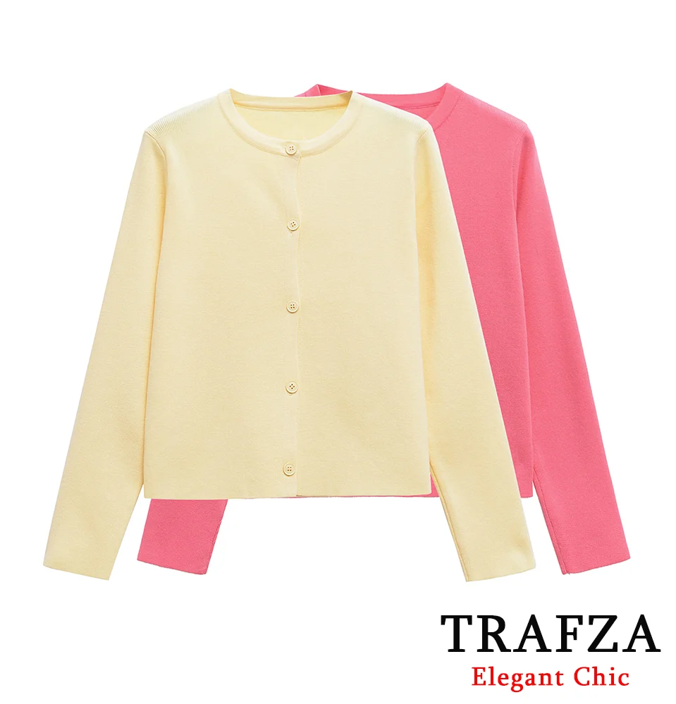 

TRAFZA Women Elegant Knit Sweater Minimalist O-neck Button Vivid Color Sweater Cardigan New 2025 Spring Summer Picnic Coat