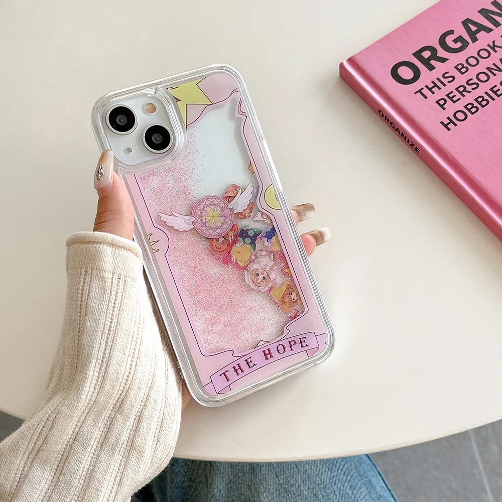 Cute Pink Card Captors Sakuras Transparent Quicksand Phone Case for IPhone 15 14 13 12 11 Pro Max Anti-fall Back Cover