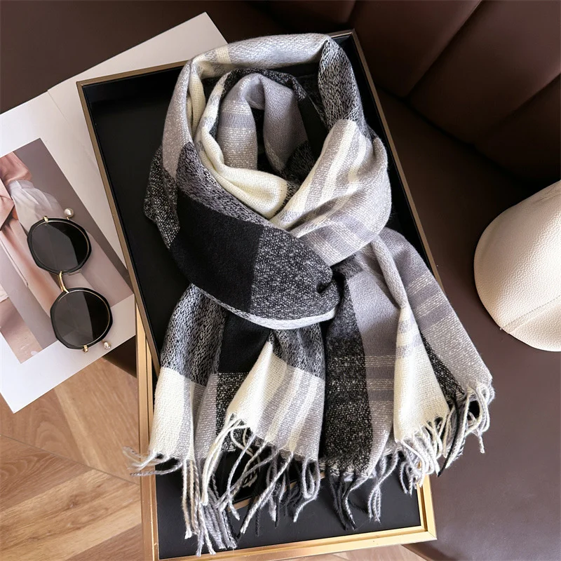 Imitation Cashmere Gradient Plaid Warm Shawl Winter Fashion Versatile Tassel Women Scarf Pashmina Wrap Neckerchief