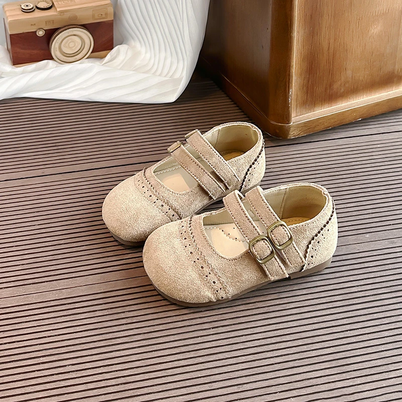 Girls Leather Shoes Round Toes Retro Kids Casual Shoes Double Hook&loop Trendy 2026 New Fashion Children Flat Shoes Non-slip