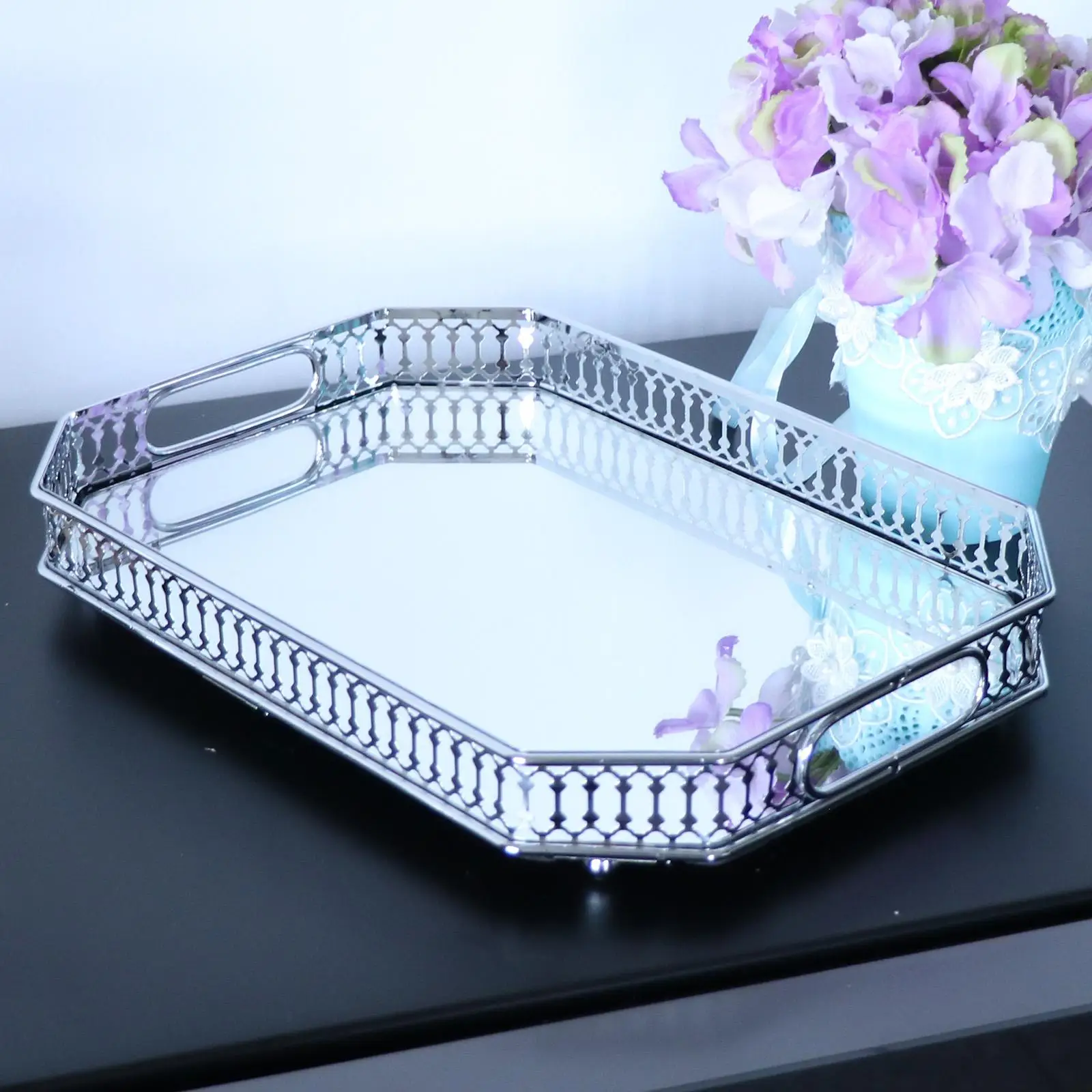 

Rectangular Silver Mirror Candle Table Centrepiece Serving Tray Decorative Plate