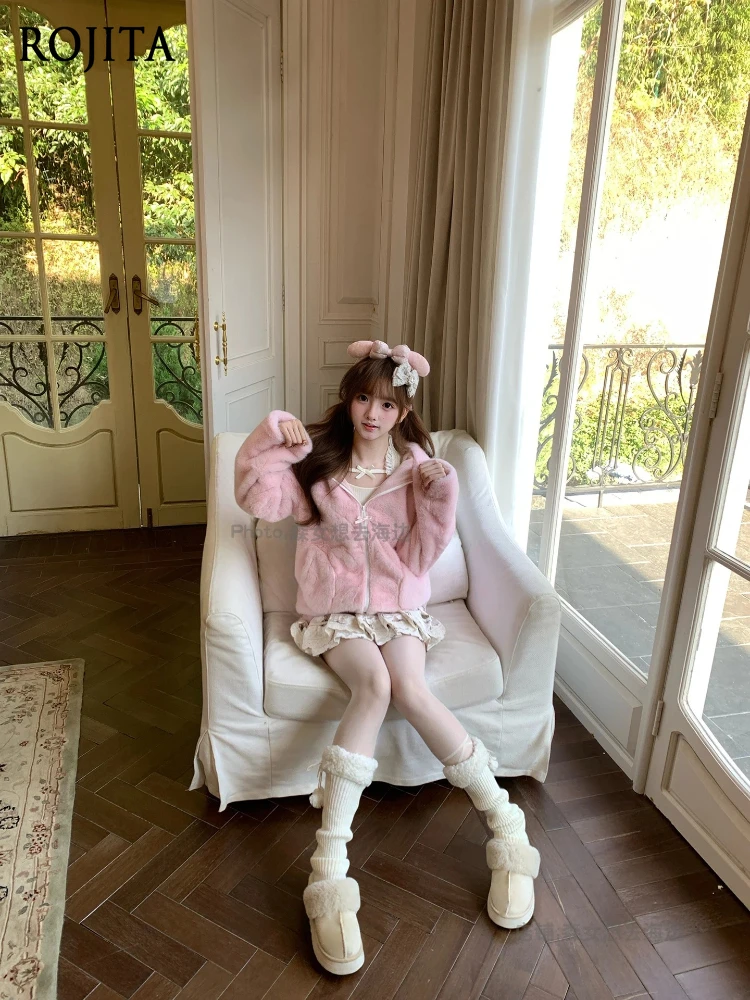 Fluffy Pink Rabbit Winter Coat Women Warm Faux Fur Plush Cotton Jacket Coat Women Winter Hoodie Jacket Fluffy Jacket