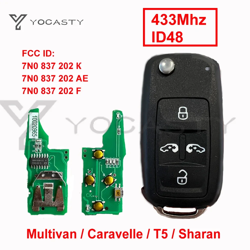 YOCASTY VW 샤란 멀티밴 카라벨용 원격 키 포브, 7N0837202K, 7N0837202F, 7N0837202AE, 434Mhz, ID48 YOCASTY VW 샤란 멀티밴 카라벨용 원격 키 포브, 7N0837202K, 7N0837202F, 7N0837202AE, 434Mhz, ID48