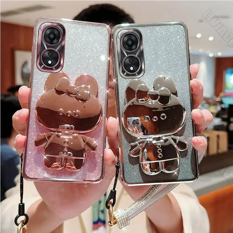 Diamond Strap Mirror Rabbit Holder Case per Oppo A96 A97 A95 A94 A93S A92S A91 A83 A78 A74 A72 A58 A58X A57 A55 A54 Stand Cover