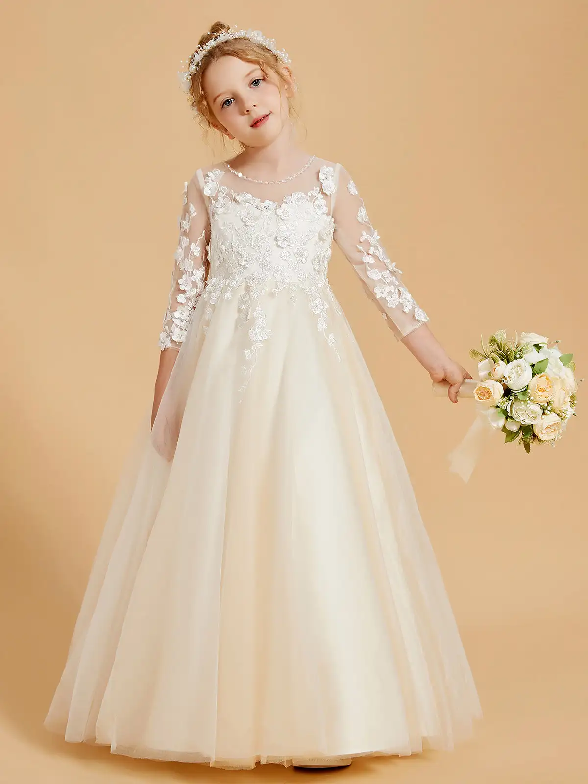 Elegante manga comprida Flower Girl Vestidos com Applique, Vestidos de casamento para crianças, Ruched Joelho Comprimento, Vestidos de festa de aniversário