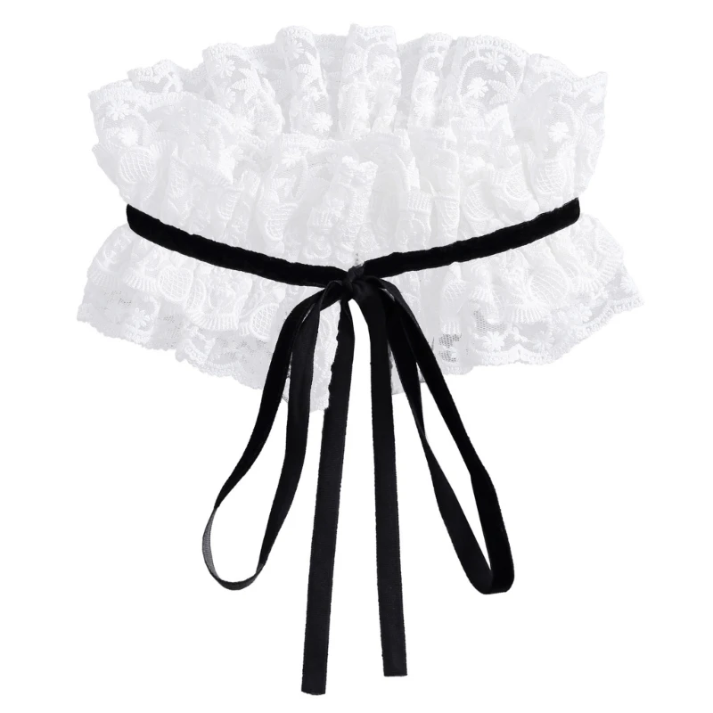 Layered Lace False Collar with Stand Collar and Ribbon Tie, Detachable Decorative Neck Accent for Dresses D0UB