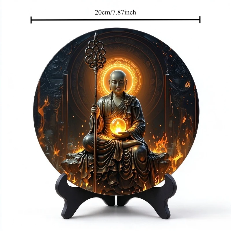 Round Decorative Plate with Black Tripod Stand, Ksitigarbha Pattern Tabletop Ornament, Home Desktop Art Decor