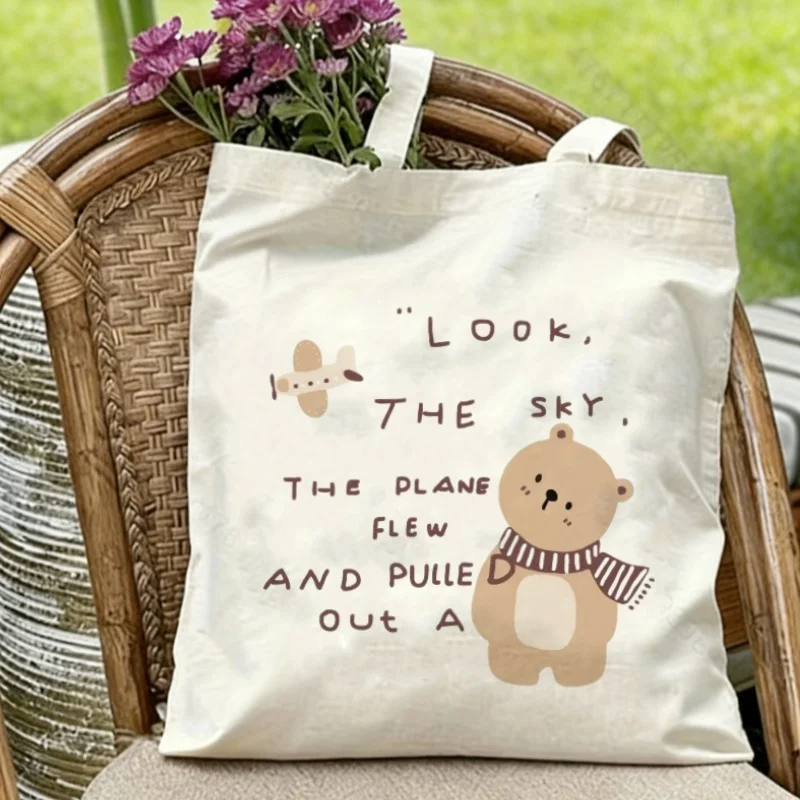 

1PC Bear & Airplane Canvas Tote Eco-friendly Reusable Shoulder Bag