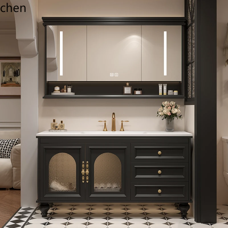 HXL bathroom cabinet combination rock slab hot bending integrated basin solid wood washing table hand washbasin toilet floor