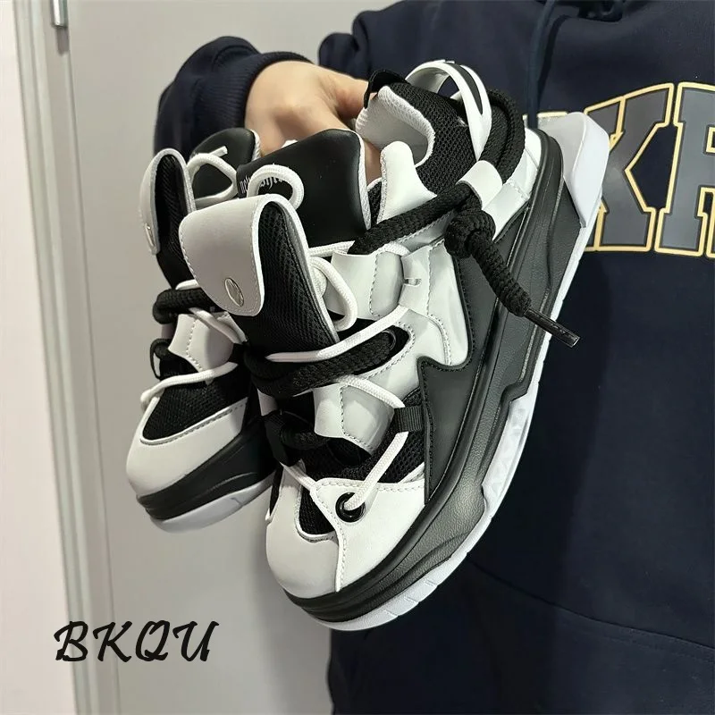 BKQU Maillard Niche Black Thick Soled Increase Bread Shoes 2024 Autumn Ins Korean Version Student Light Sports Casual Shoes Men