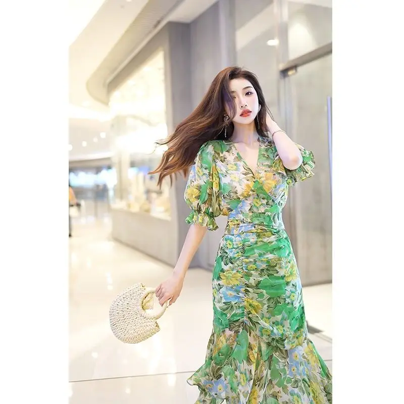 New Summer Fashion Style Waist-hugging Dress 2025 Dark Green Printed Skirt
