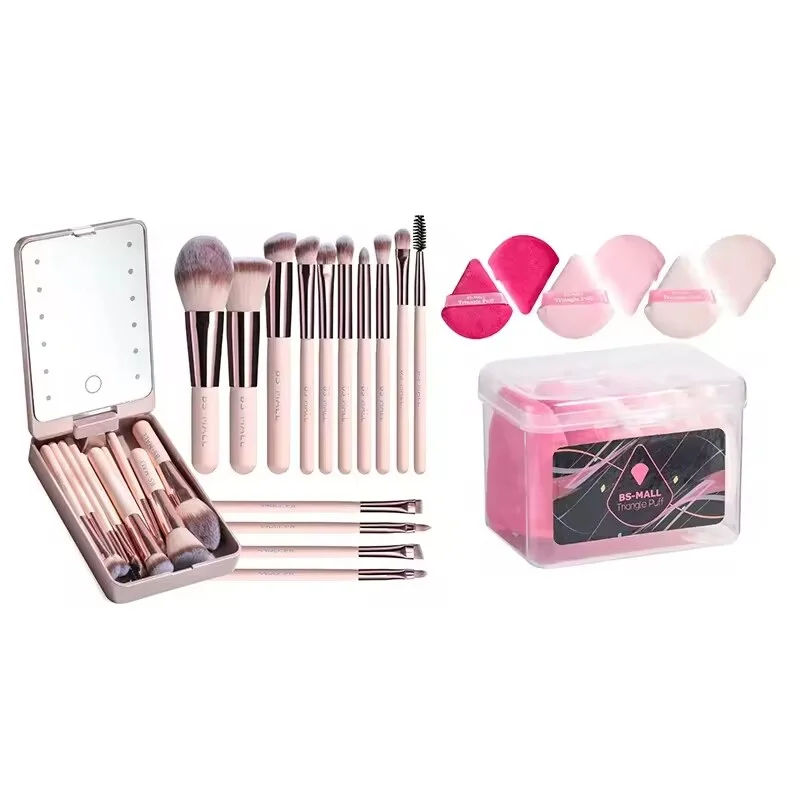 BS-MALL 14PCS Makeup Brushes with LED Mirror Case Soft Triangle Makeup Powder Puffs Women Makeup Tools Gift Pack