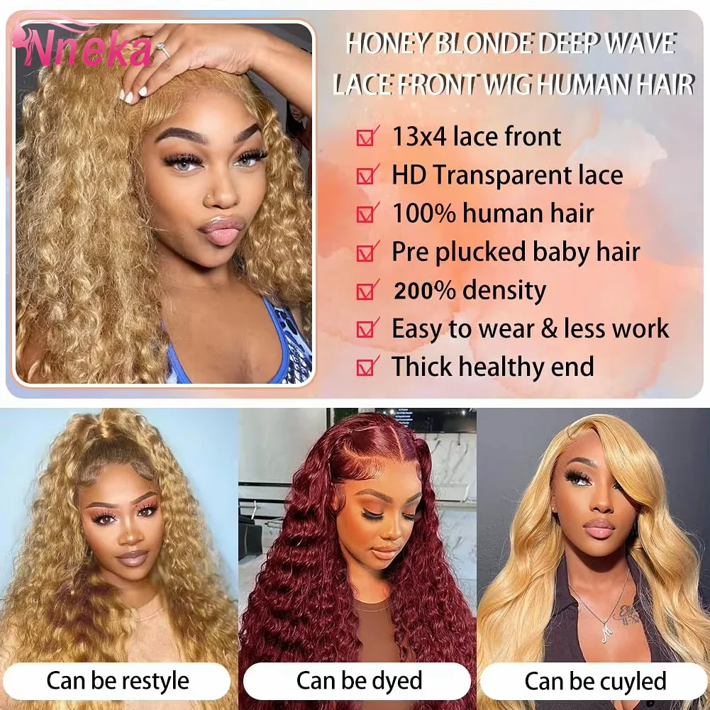 Curly Honey Blonde Wig Human Hair 13x6 Deep Wave Frontal Wigs For Women 13x4 Hd Water Wave Lace Front Wig #27 Colored Wig 30Inch image 5