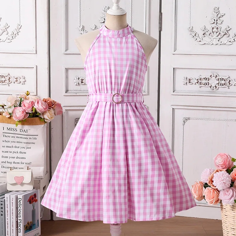 European 2025 Summer New Girls Sleeveless Halter Neck Pink Plaid Princess Dress Sweet Tween Casual Party Dresses Big Kids