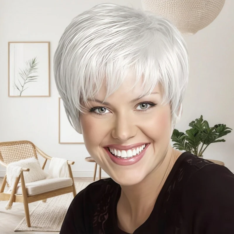 

Silver-white women's short wig with side-swept bangs and straight hair