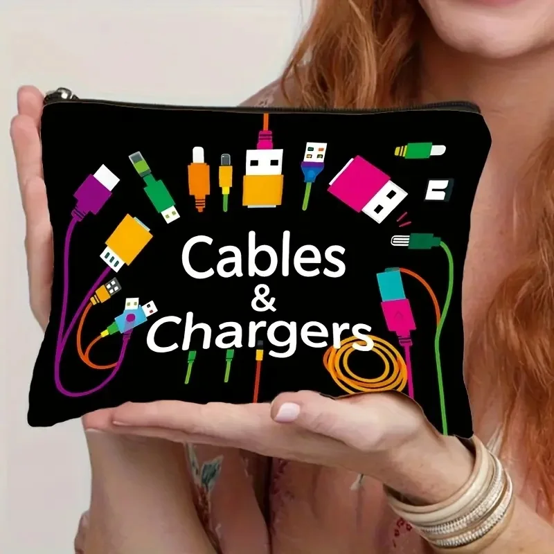 Black Tech Icon Cable Organizer Bag, Durable Foldable Travel Case for Power Banks & Cables