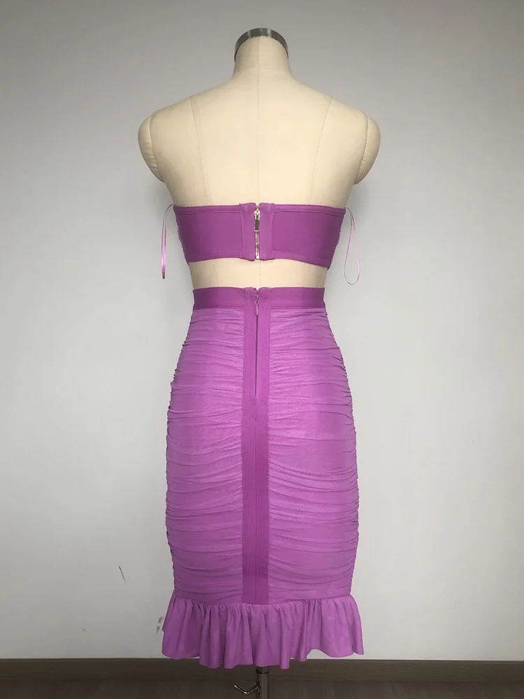 Elegant Purple Strapless Ruched Bodycon Midi Dress For Women Summer Cocktail Parties Formal Dinners Wear Vestidos