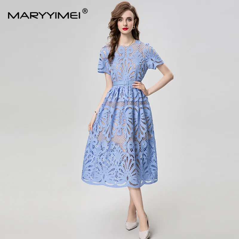 

MARYYIMEI Fashion Design Spring Summer women's Lace Embroidery Sashes Hollow Out Solid Color Short-Sleeved Dresses