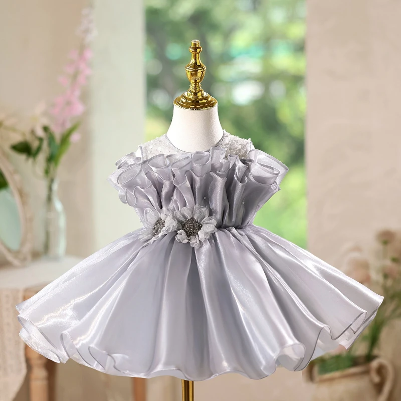 Kids Piano Performance Host Gray Sleeveless  Girls Birthday Party Princess Gown CostumeFloral Evening Dress Clothes Children