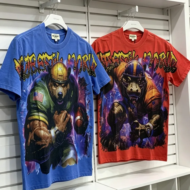 

Футболка MAJESTIK 26SS в стиле ретро, с эффектом потертости, сине-красная, хлопковая, с круглым вырезом, коротким рукавом, в стиле хип-хоп, уличная, с буквами из страз, для мужчин и женщин