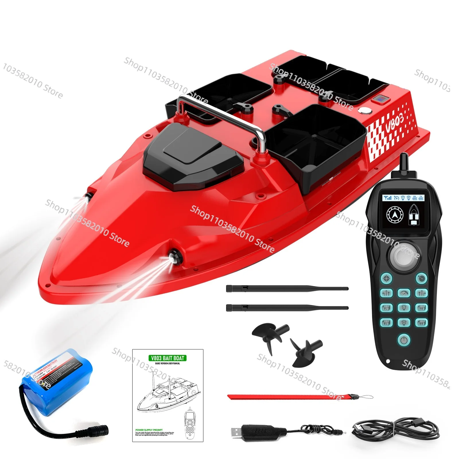 V803 RC Fishing Bait Boat With Fish Finder 4 Bait Bins Dual Antenna LED Signal Remote Control For Lake Carp Fishing