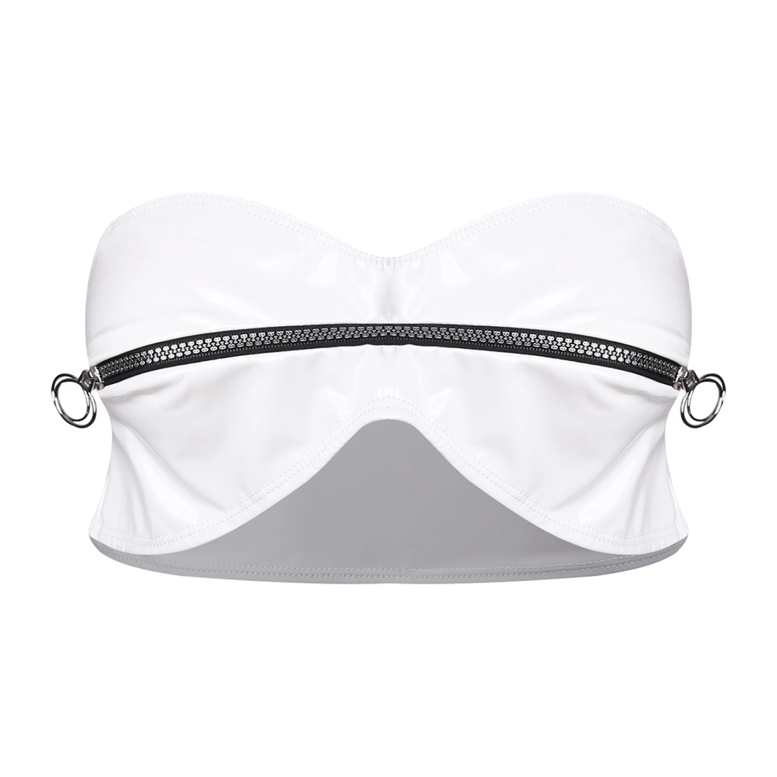 

Multi Zipper PU Bandeau Top for Women Glossy Strapless O Ring Tube Bra Mini Corset Crop for Night Club Rave Party Bralette
