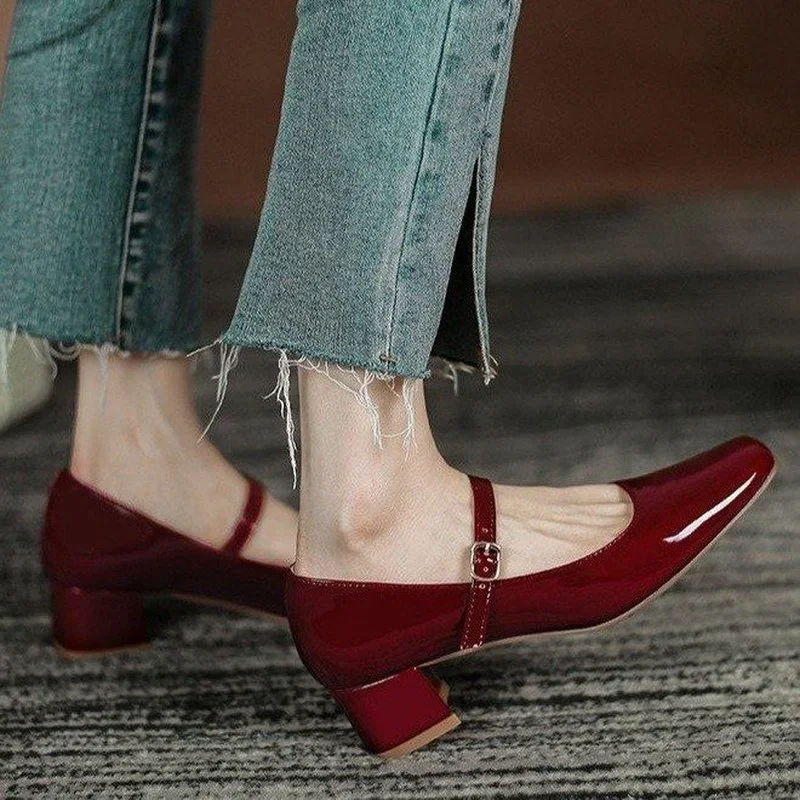 

New Women's Mary Janes Shoes High Quality Leather Low Heel Dress Shoes Square Toe Shallow Buckle Strap Women's Shoes