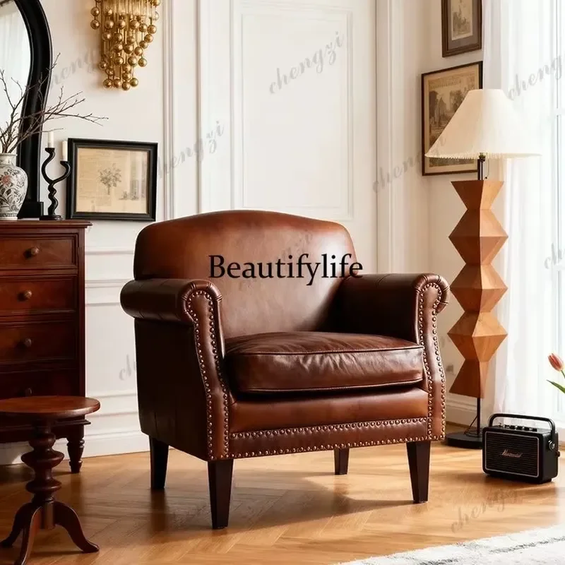 American Retro Leather Single Sofa Chair for Living Room Light Luxury Decorative Casual Chair Premium Quality