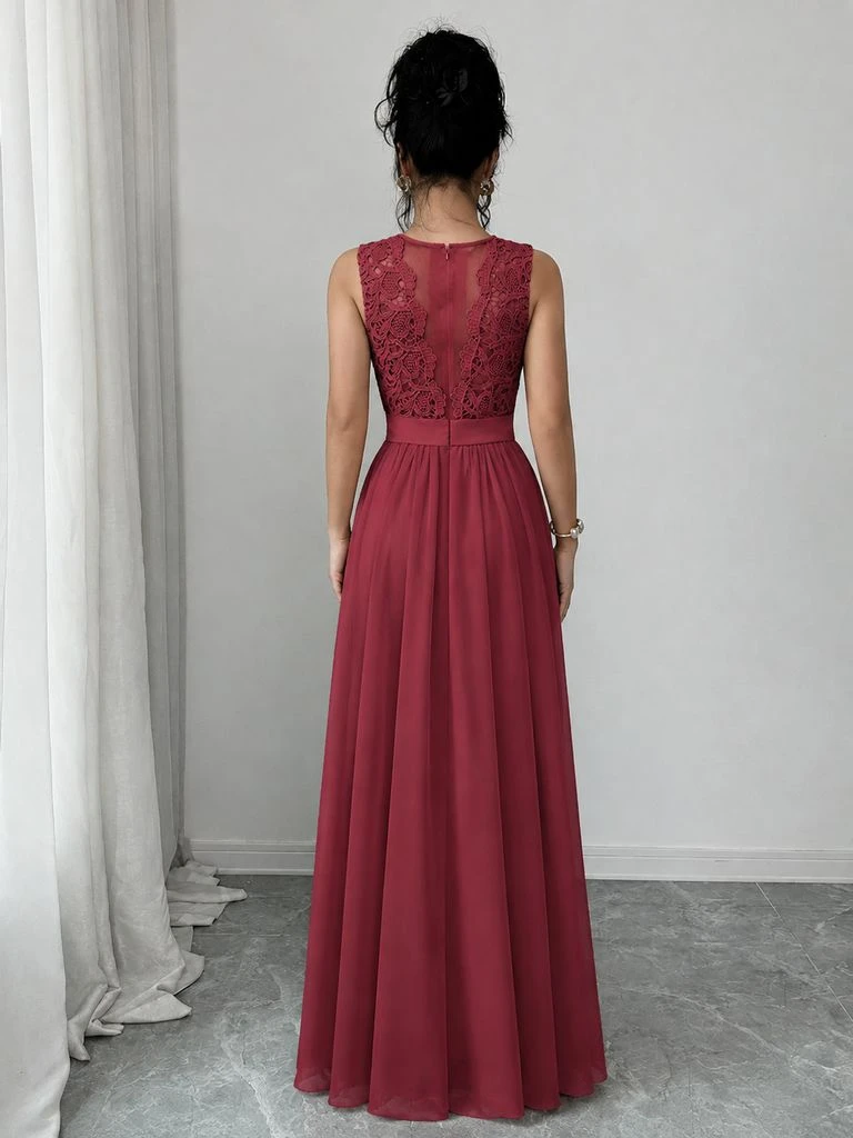 Classic Burgundy Women Bridesmaid Dresses Elegant Lace Chiffon A Line Illusion Back Maxi Formal Wedding Gust Gown Formal Evening