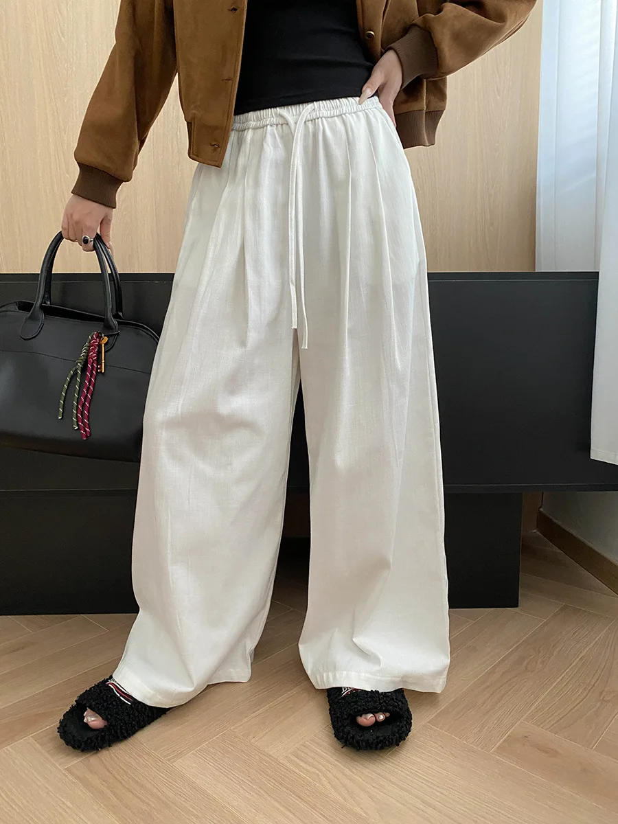 

Linen cotton blend lazy elastic waist slimming wide leg straight leg floor pants