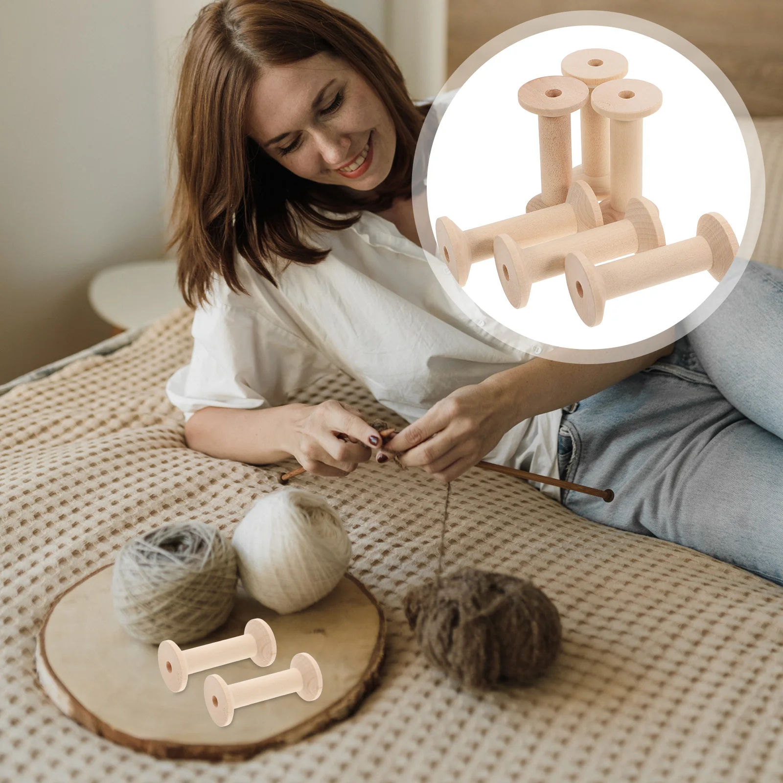 

6Pcs Large Unfinished Wooden Spools for Embroidery Sewing Thread Ribbon Holder Wire Craft Bobbins Unfinished Barrel Spools
