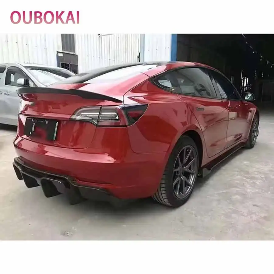 For Tesla Model 3 High quality V style Carbon Fiber Tail fins Rear Trunk Spoiler Guide Wing Rear Wing Diverter Body Kit view 3