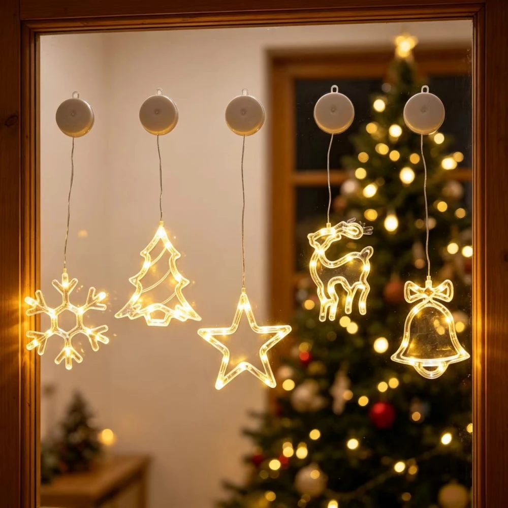 1PC Battery powered Christmas Suction Cup Light,5 Shapes, Warm Glow Transparent Indoor Window Holiday Decoration LED Fairy Light