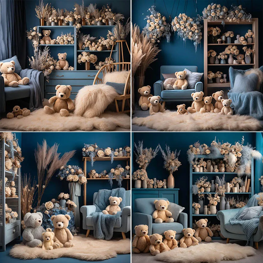 

Mehofond Photography Background Boho Pampas Cute Bear Blue Room Floral Kids Birthday Party Portrait Decor Backdrop Photo Studio