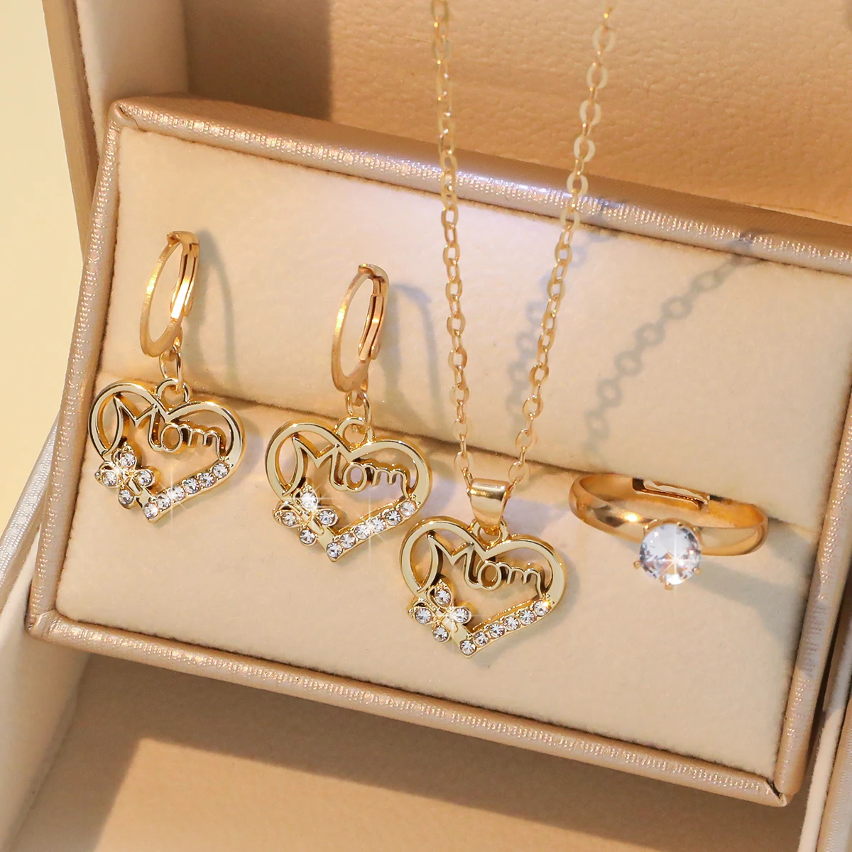 4Pcs Mom Heart Rhinestone Jewelry Set Women Necklace Earrings Ring Mother's Day Gift Christmas Gifts