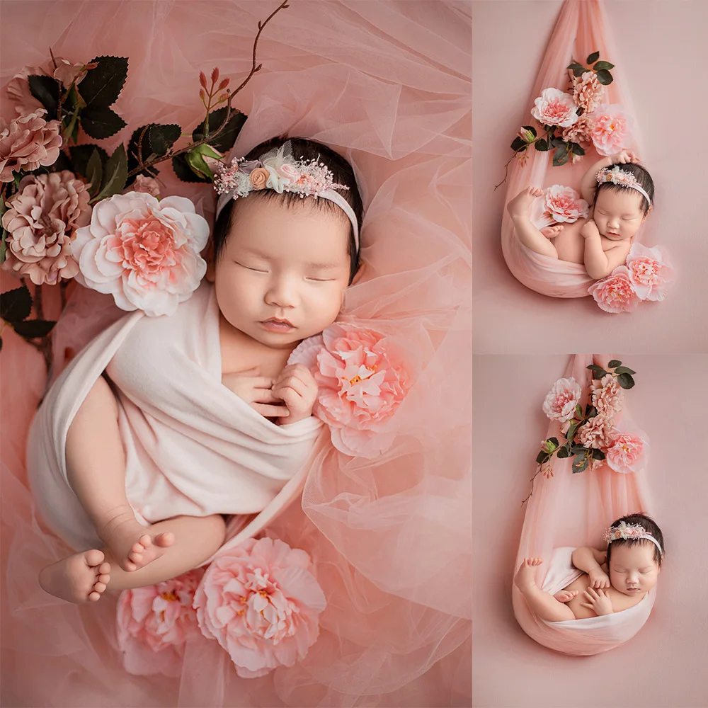 Newborn Wraps for Photography Pink Soft Cotton Stretchable Elastic Wrap Headflower Gauze Background Infant Photo Prop Accessorie